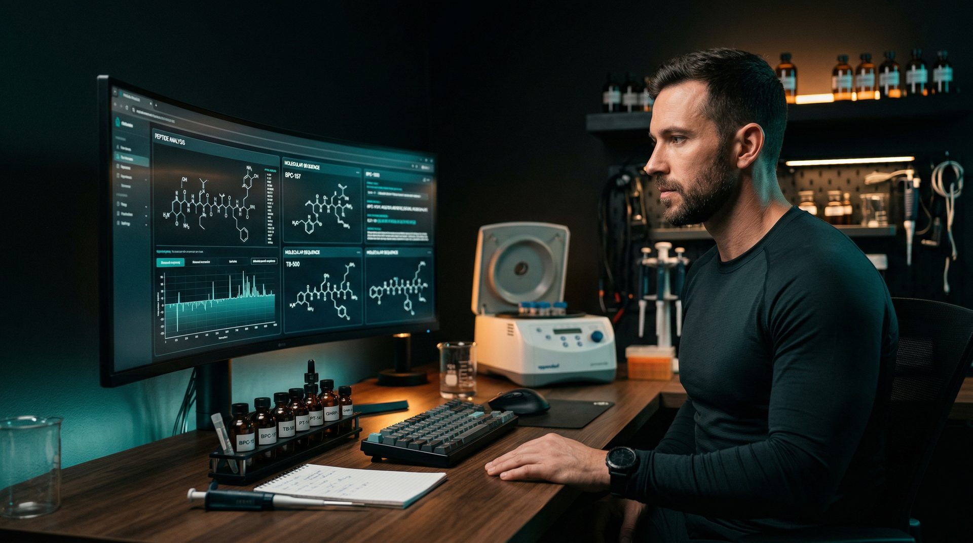 Biohacker reviewing peptide research data