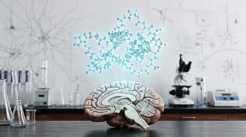 Molecular peptide structure floating above a brain model in a neuroscience laboratory — representing BRP peptide discovery