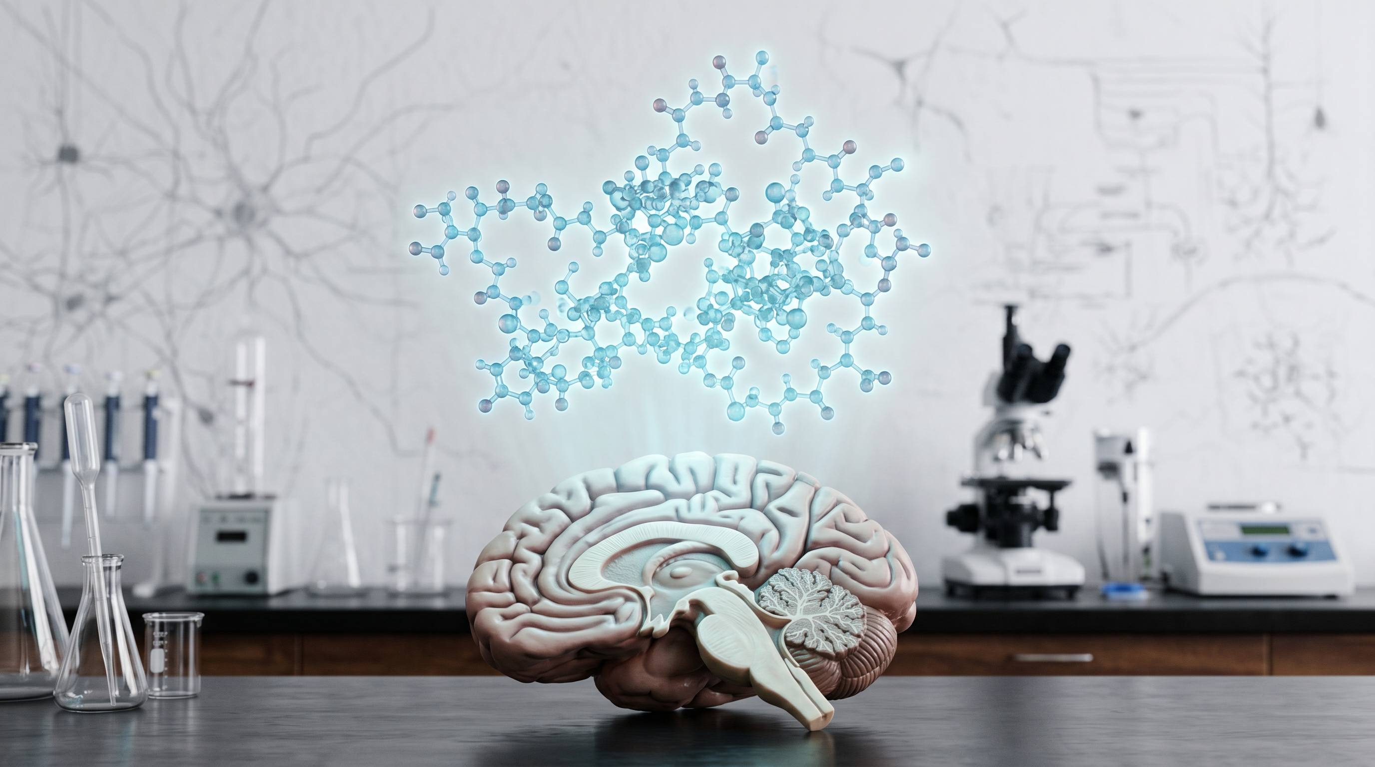 Molecular peptide structure floating above a brain model in a neuroscience laboratory — representing BRP peptide discovery
