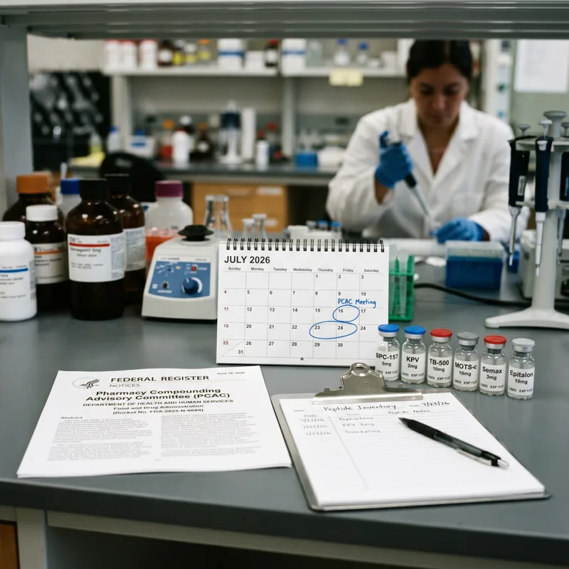 Federal Register notice and calendar marked July 2026 PCAC meeting beside labeled peptide vials (BPC-157, KPV, TB-500, MOTs-C, Semax, Epitalon) on a sterile laboratory bench
