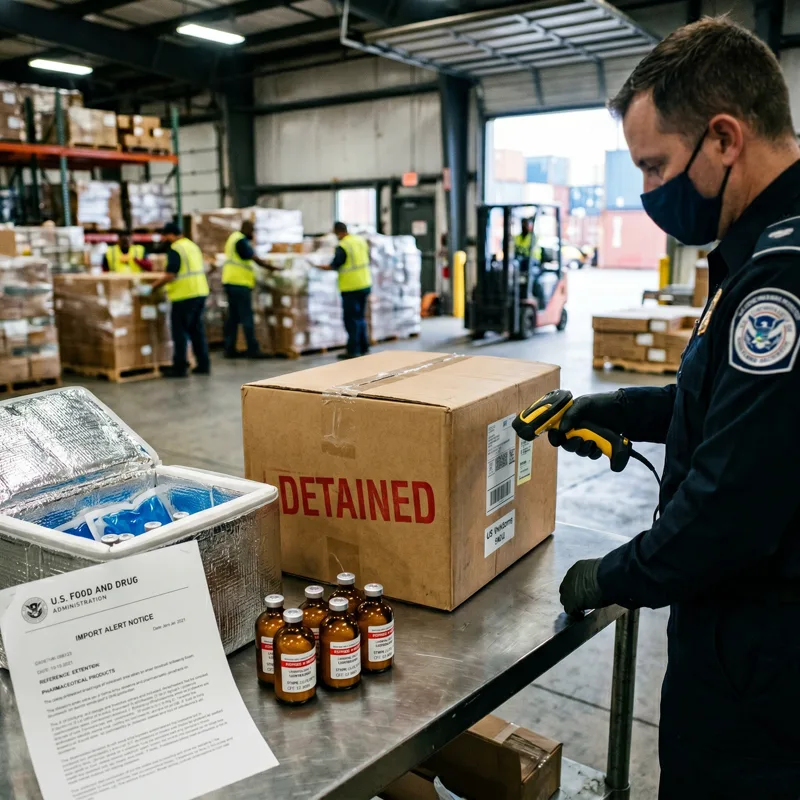 US customs inspector scanning a pharmaceutical shipping carton stamped DETAINED in red next to amber peptide API vials and an FDA Import Alert notice at a port of entry inspection table