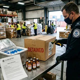 US customs inspector scanning a pharmaceutical shipping carton stamped DETAINED in red next to amber peptide API vials and an FDA Import Alert notice at a port of entry inspection table
