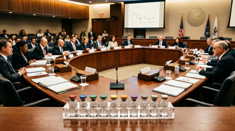 FDA advisory committee meeting concept with peptide vials and regulatory documents
