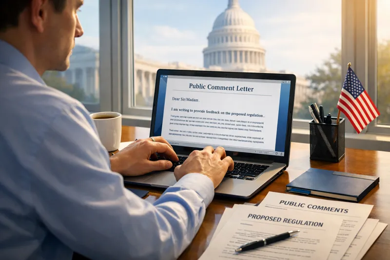 A person typing a public comment letter on a laptop with a government building visible in the background, documents labeled 'Public Comments' and 'Proposed Regulation' on the desk