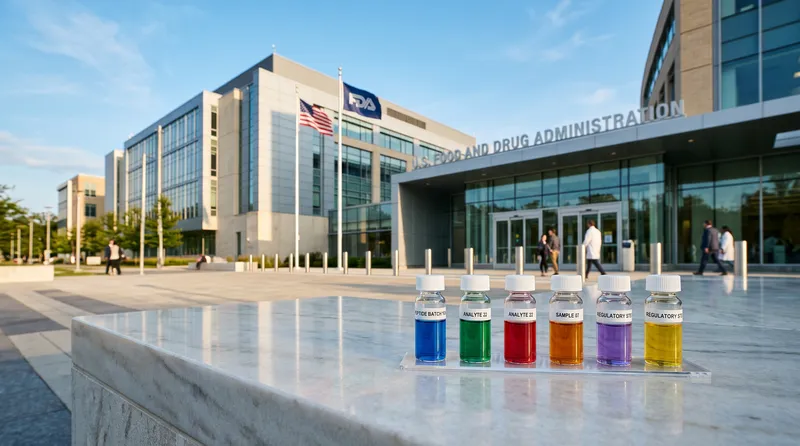 FDA building exterior with laboratory peptide vials representing the 2026 peptide reclassification decision