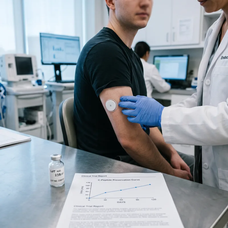 Endocrinology researcher placing a continuous glucose monitor sensor on a Type 1 Diabetes clinical trial participant, next to a lab vial and a printed C-peptide preservation curve chart