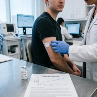 Endocrinology researcher placing a continuous glucose monitor sensor on a Type 1 Diabetes clinical trial participant, next to a lab vial and a printed C-peptide preservation curve chart