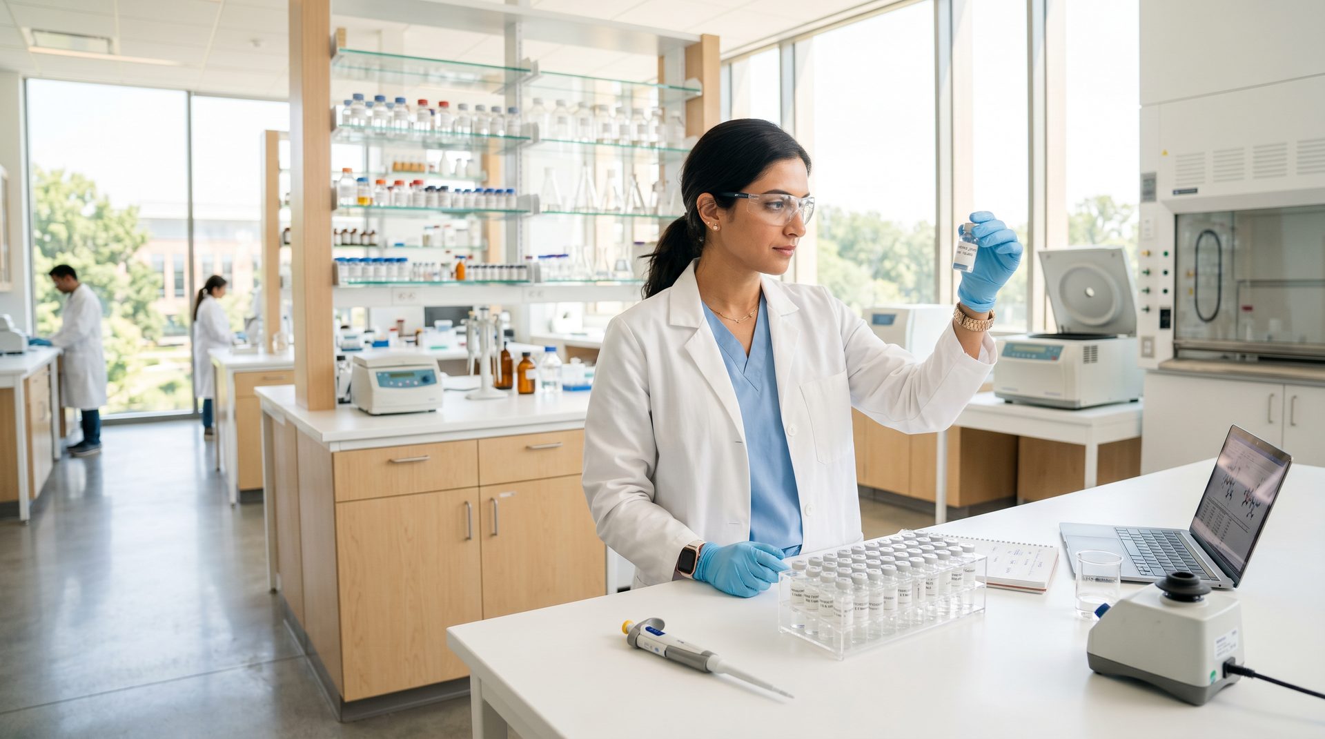 Researcher examining peptide vials in a modern biotech laboratory