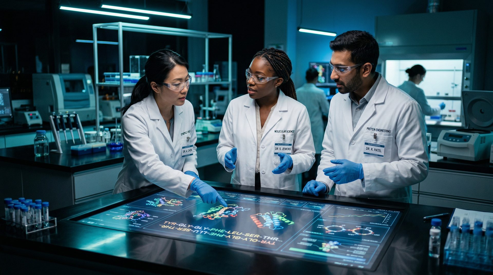 Research team collaborating on peptide molecular analysis