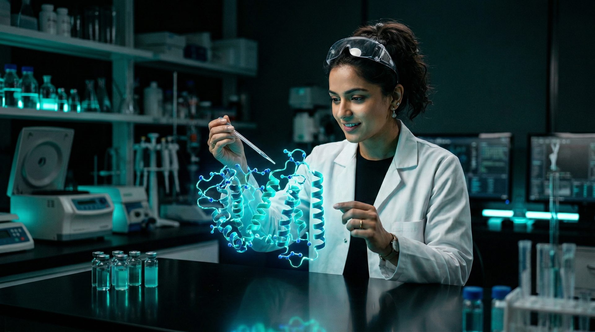 Scientist analyzing peptide molecular structures in a biochemistry lab